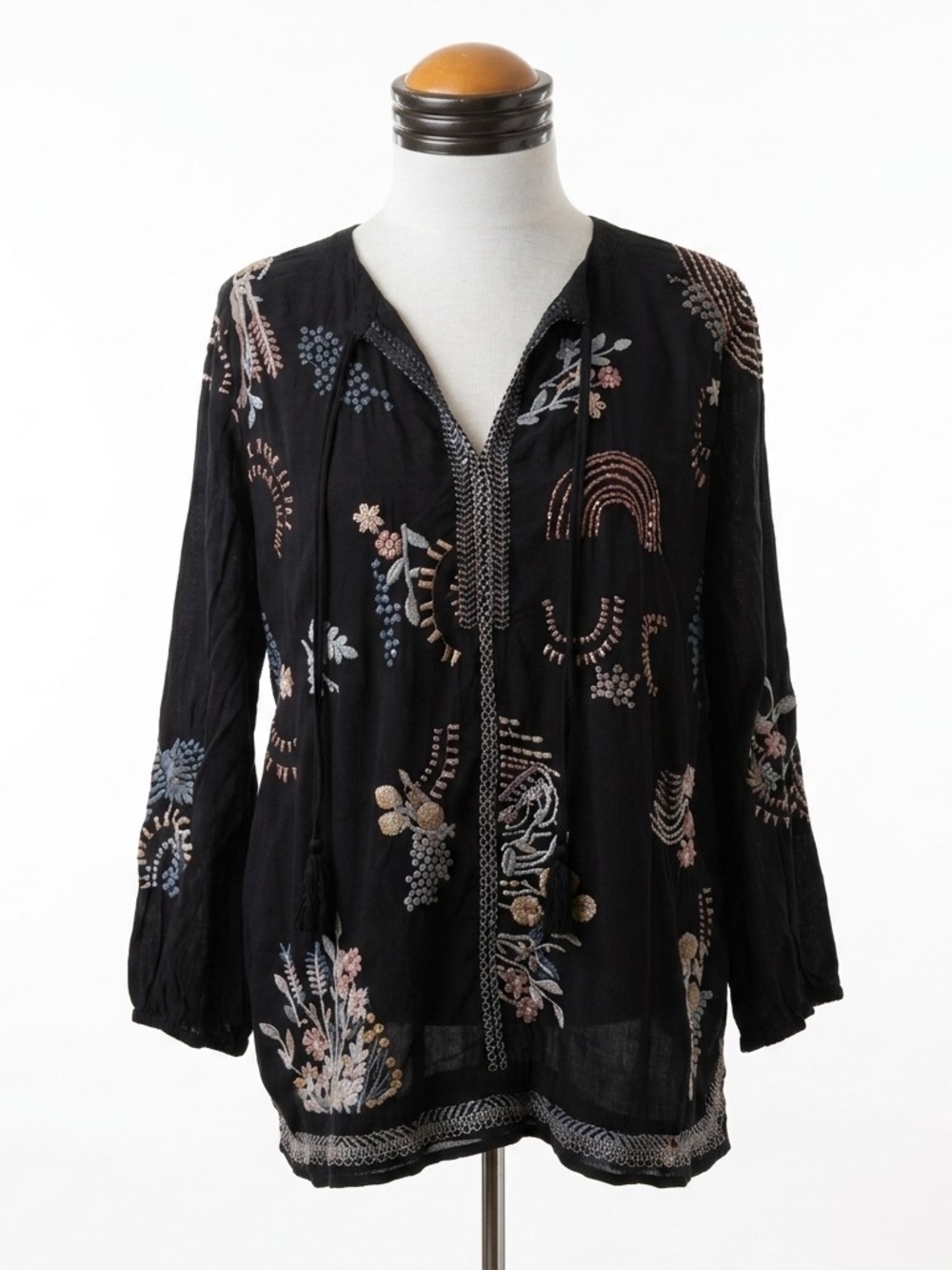 Johnny Was Pete & Greta Black Embroidered V-Neck Tunic with Multicolor Motifs